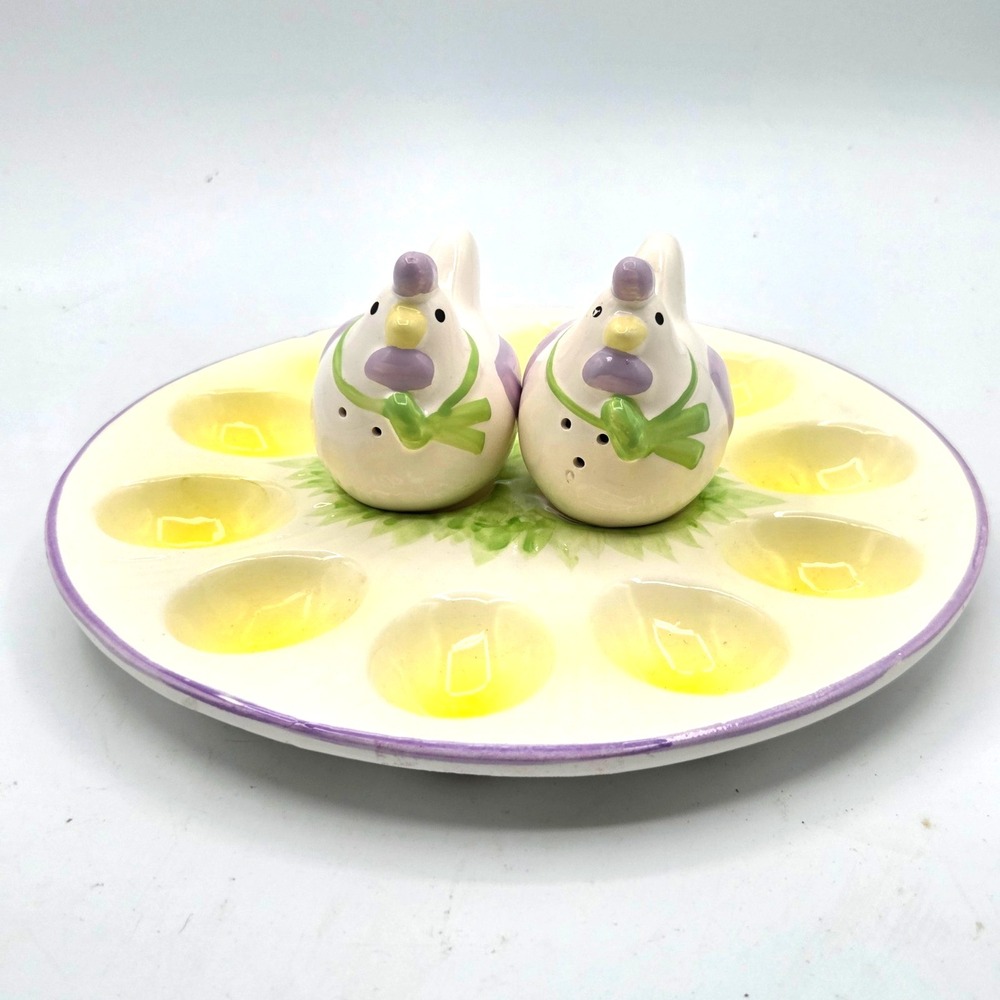 VINTAGE Ceramic Hen Salt & Pepper Shakers on Deviled Egg Plate Country Farm